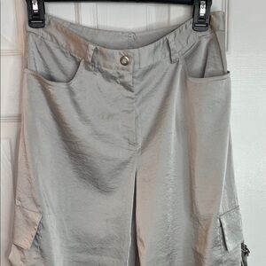 YANSI FUGEL VINTAGE SATIN LIKE GRAY METALLIC CARGO CROPPED PANTS DRAWSTRING SZ 2